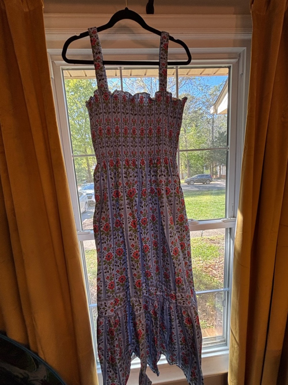 Hill House Floral Smocked Maxi Dress in White with Pink & Green